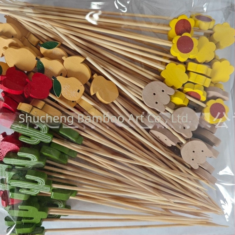 Bețișoare pentru fructe de unică folosință, 100 buc./pachet, din bambus, cu motive: pepene, căpșună, cactus, ananas, măr, frunză de banană – design creativ