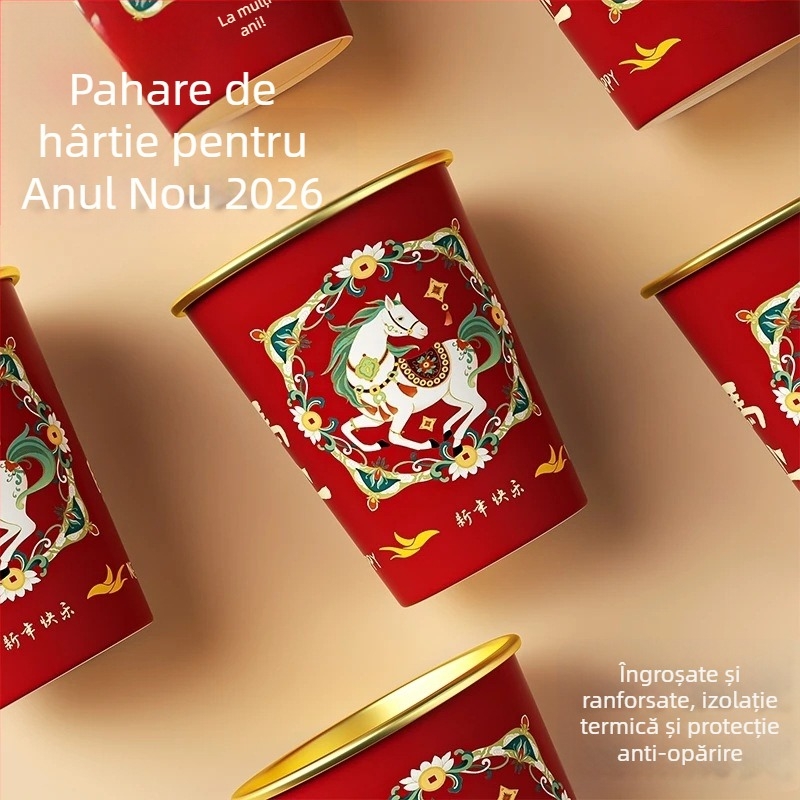 2026 Anul Calului: Cupe de hârtie de unică folosință pentru băuturi calde, mai groase, de calitate alimentară, pentru uz casnic, roșu, cutie cu 50 de bucăți