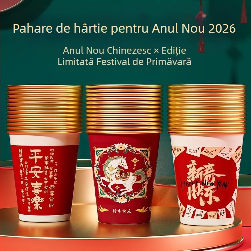 2026 Anul Calului: Cupe de hârtie de unică folosință pentru băuturi calde, mai groase, de calitate alimentară, pentru uz casnic, roșu, cutie cu 50 de bucăți