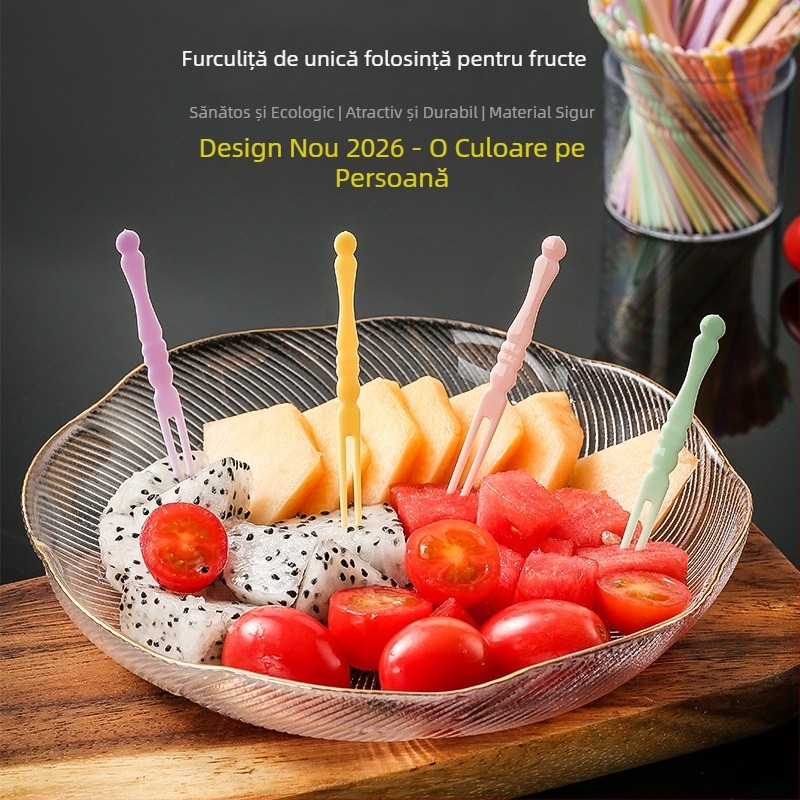 Furculițe de fructe de unică folosință, plastic transparent îngroșat, bețișoare pentru fructe și prăjituri, tacâmuri casnice în stil bambus