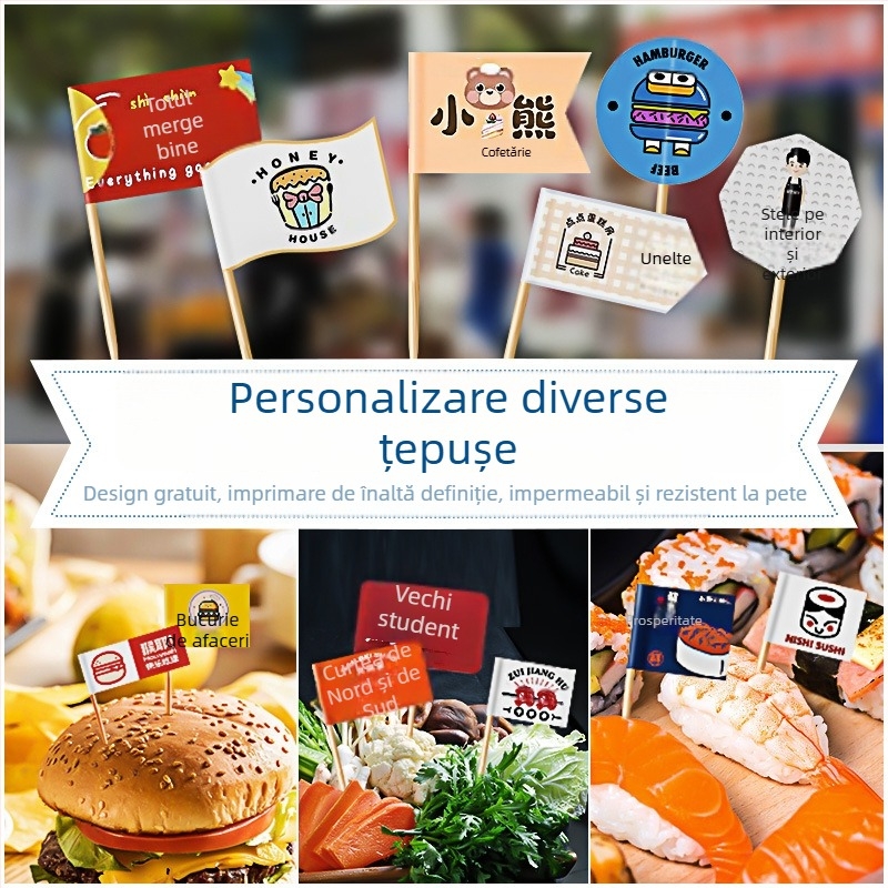 Steaguri personalizate pentru bețișoare de scobire pentru farfurii, burgeri, prăjituri și deserturi