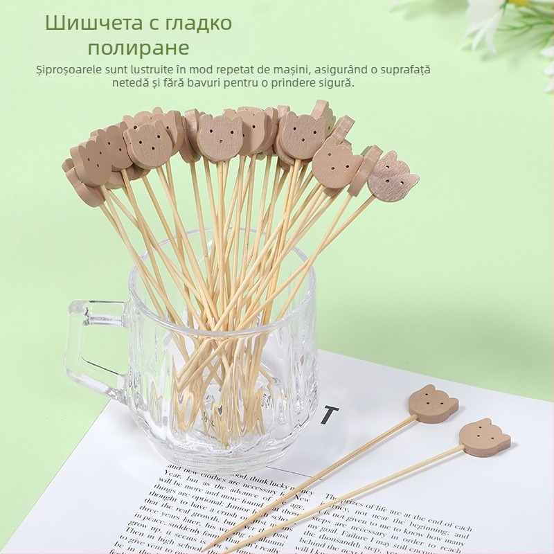 Bețișoare decorative din bambus cu formă de ursuleț pentru burgeri și deserturi, bețișoare din lemn universale pentru ceai cu lapte, pachet de 100