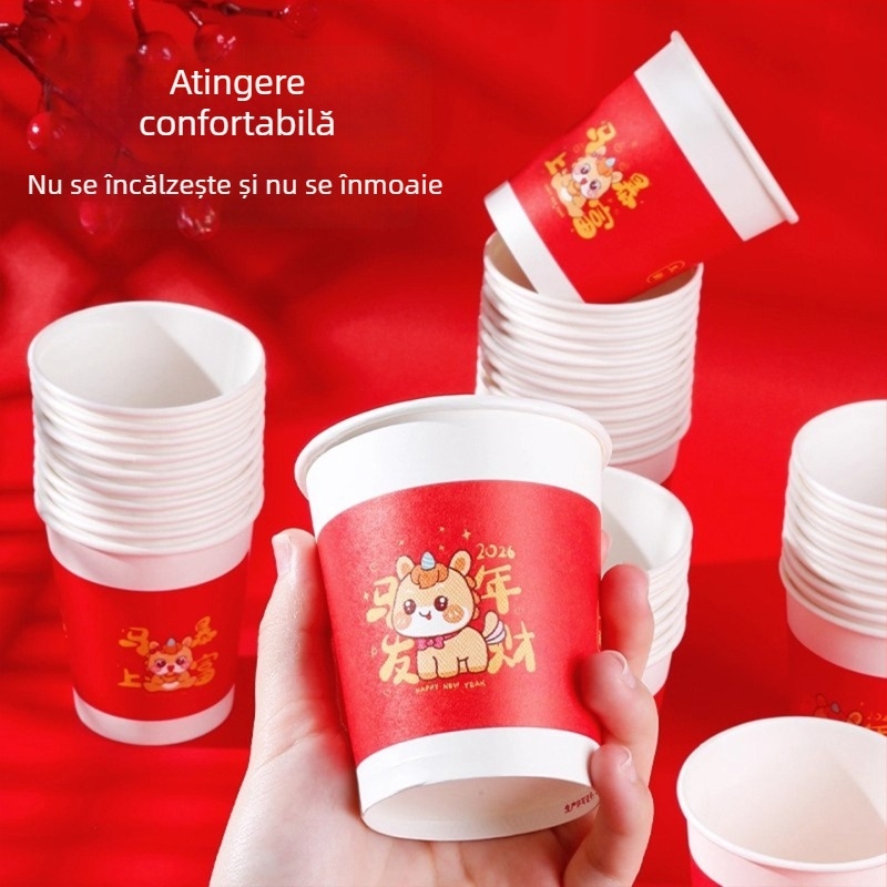 2026 Anul Calului – pahare de hârtie roșii, de unică folosință, pentru uz casnic, cești de ceai mai groase pentru Anul Nou