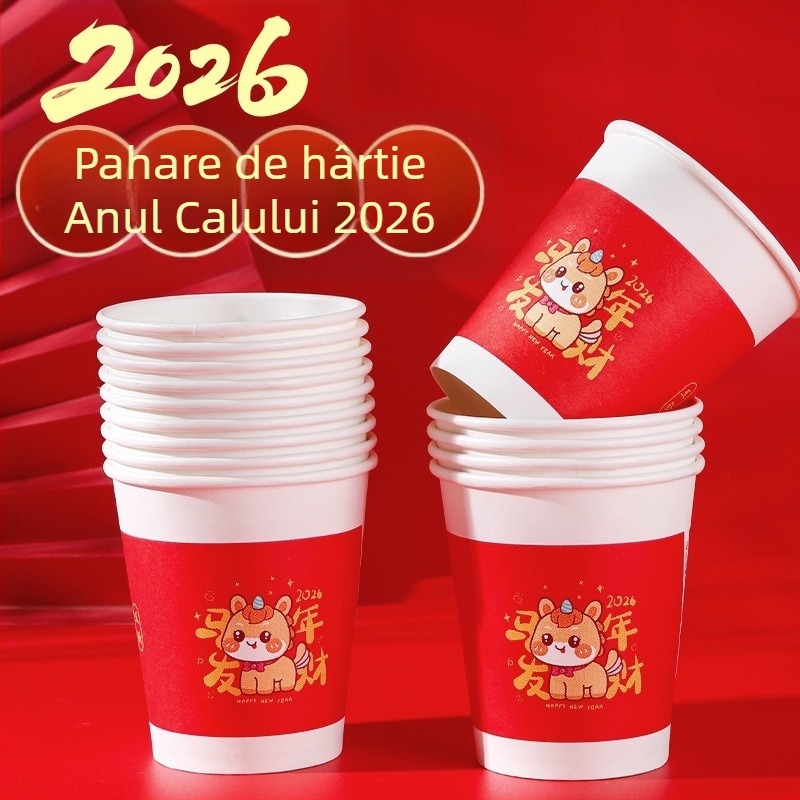 2026 Anul Calului – pahare de hârtie roșii, de unică folosință, pentru uz casnic, cești de ceai mai groase pentru Anul Nou