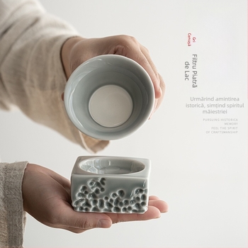 Filtru de ceai din porțelan integral, stil japonez, glazură Ice Grey cu model Lake Stone, filtru alb pentru ceai