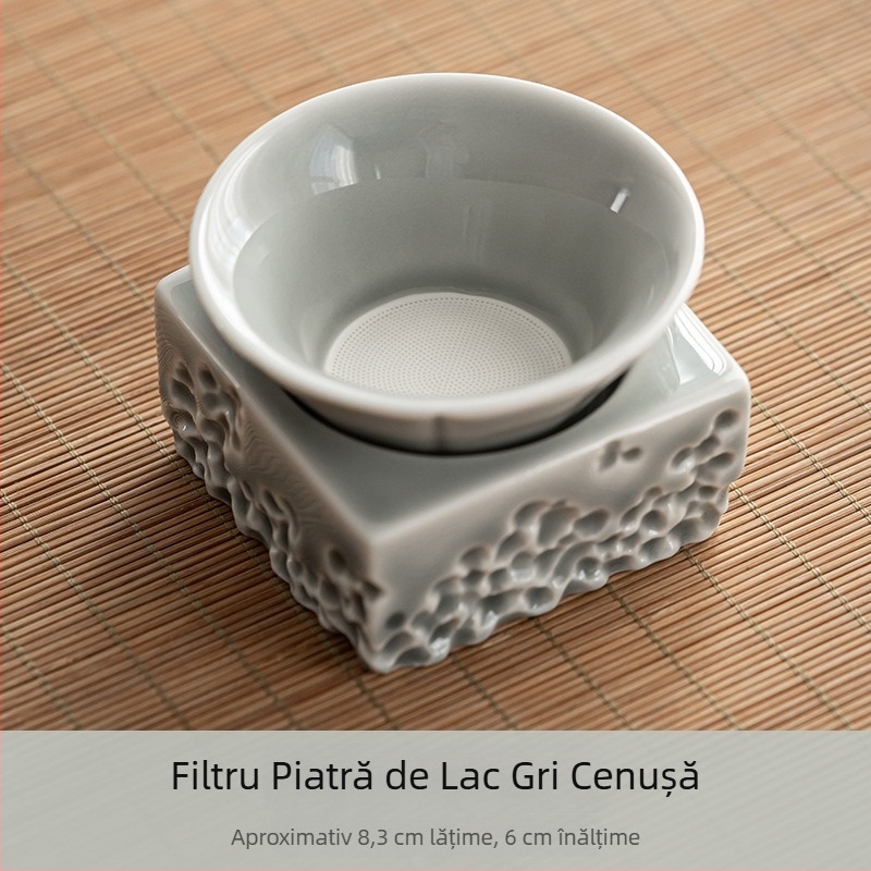 Filtru de ceai din porțelan integral, stil japonez, glazură Ice Grey cu model Lake Stone, filtru alb pentru ceai