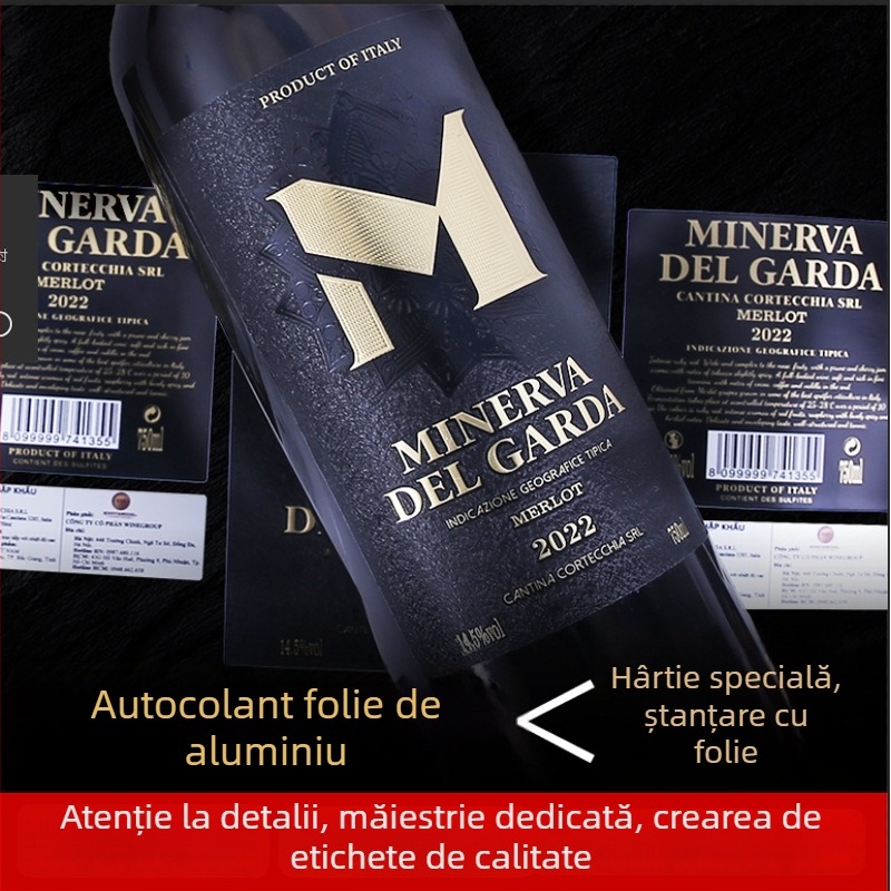 Etichete personalizate pentru vin roșu – etichete autoadezive, ștampilare cu folie aurie, embosare, serigrafie și imprimare UV pe etichete rulate