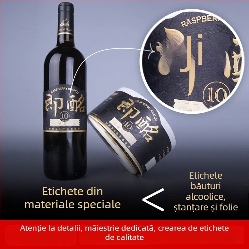Etichete personalizate pentru vin roșu – etichete autoadezive, ștampilare cu folie aurie, embosare, serigrafie și imprimare UV pe etichete rulate