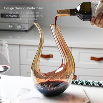 Decantor din cristal italian, lucrat manual, pentru vin roșu, cu gură în formă de U și design lebădă-harpă