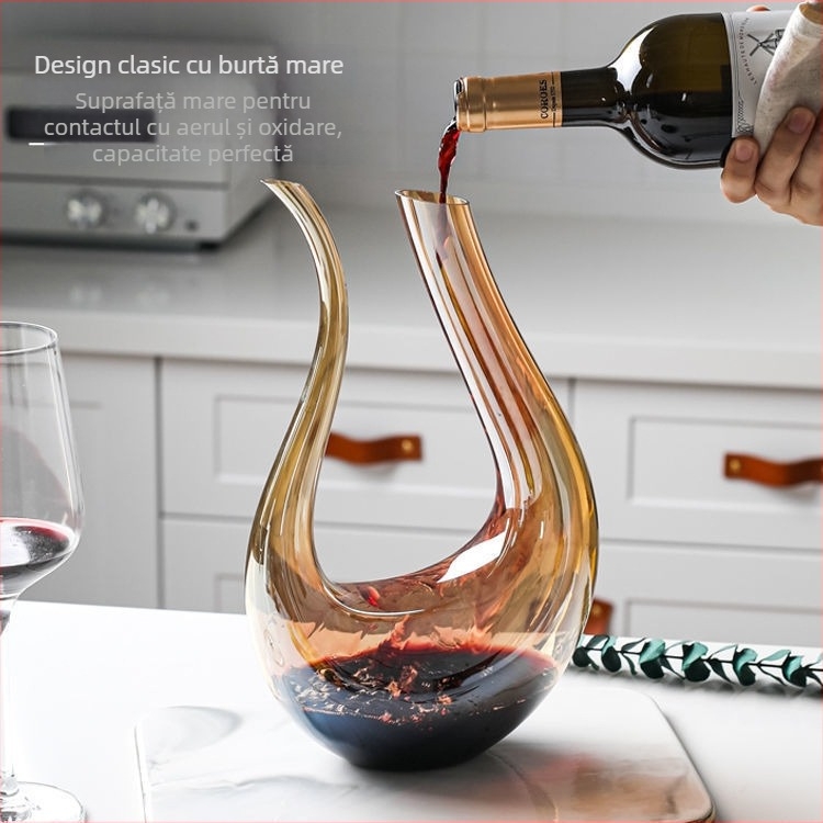 Decantor din cristal italian, lucrat manual, pentru vin roșu, cu gură în formă de U și design lebădă-harpă
