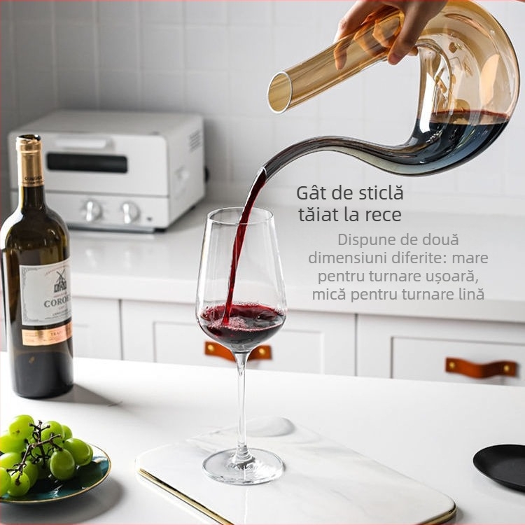 Decantor din cristal italian, lucrat manual, pentru vin roșu, cu gură în formă de U și design lebădă-harpă