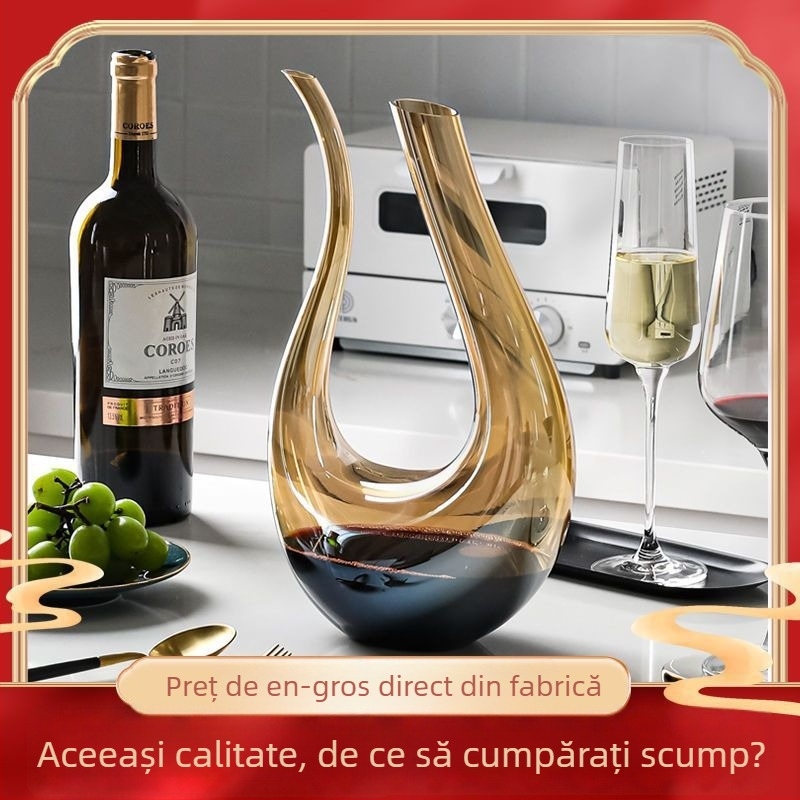 Decantor din cristal italian, lucrat manual, pentru vin roșu, cu gură în formă de U și design lebădă-harpă