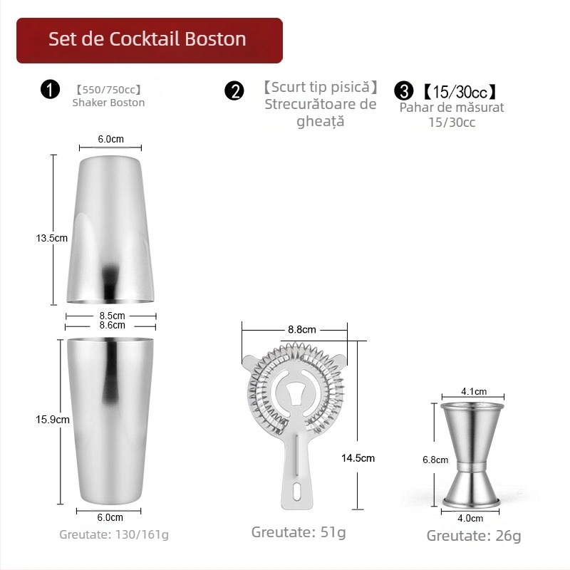 Set de bar din oțel inoxidabil, trei piese: shaker pentru cocktailuri, cană de măsurare și strecurător pentru gheață