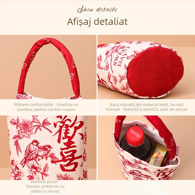 Cutie rotundă pentru bomboane de nuntă, din pânză, și geantă cadou, stil chinezesc