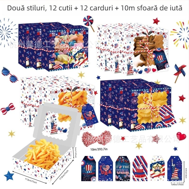 Hz066 cutie cadou din hârtie kraft cu fereastră transparentă, steag SUA cu stele și dungi, cutie de bomboane pentru Ziua Independenței