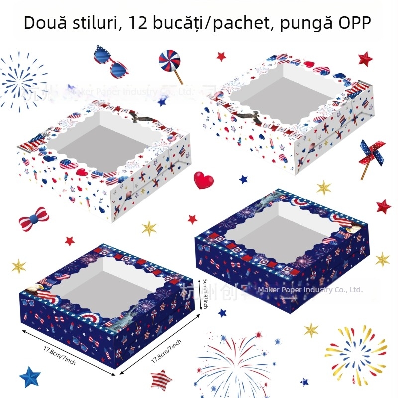 Hz066 cutie cadou din hârtie kraft cu fereastră transparentă, steag SUA cu stele și dungi, cutie de bomboane pentru Ziua Independenței
