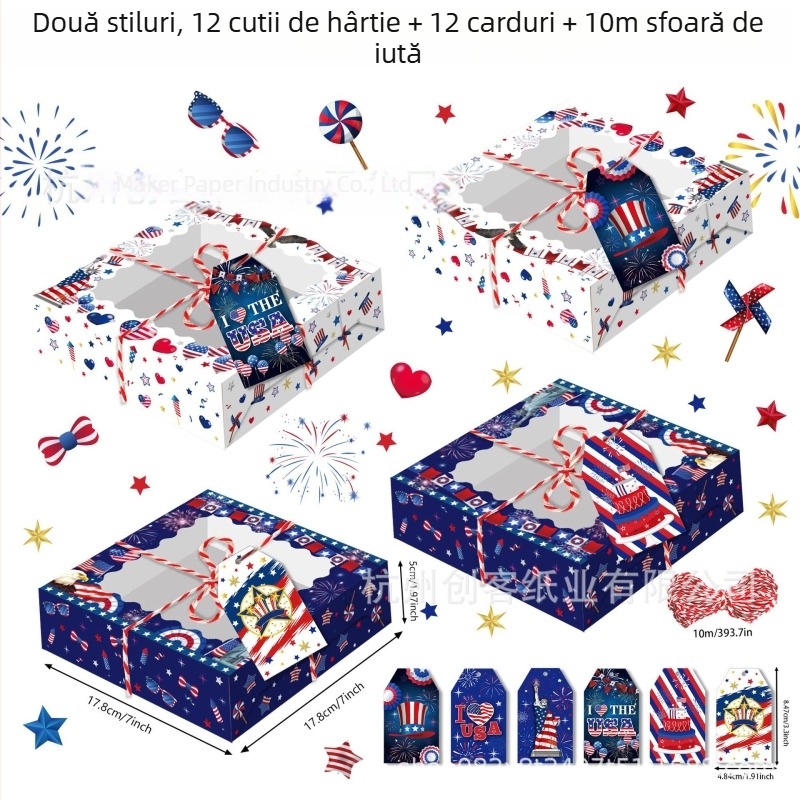 Hz066 cutie cadou din hârtie kraft cu fereastră transparentă, steag SUA cu stele și dungi, cutie de bomboane pentru Ziua Independenței
