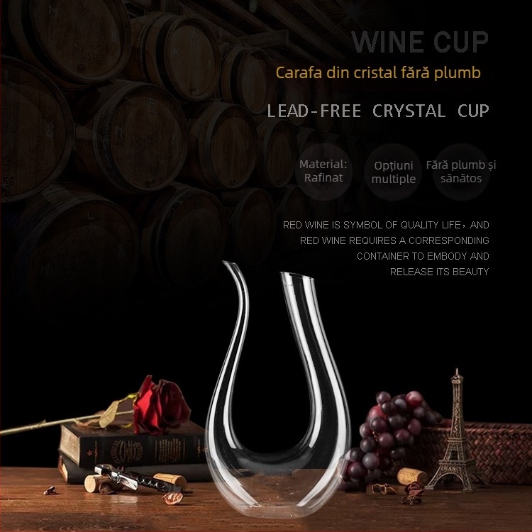 Decantor din cristal pentru vin roșu – formă în U cu design de harpă, capacitate 1000 ml sau mai mult, stil modern minimalist