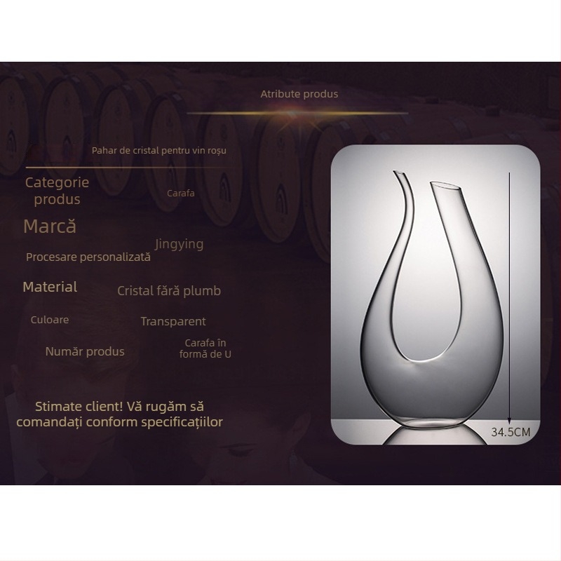 Decantor din cristal pentru vin roșu – formă în U cu design de harpă, capacitate 1000 ml sau mai mult, stil modern minimalist