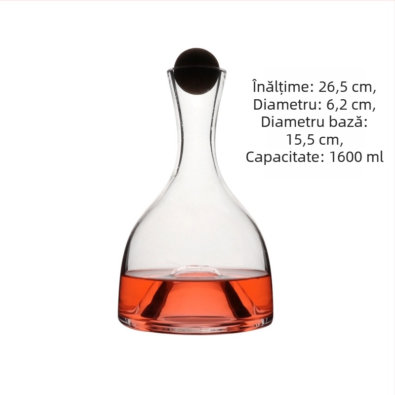 Decantor din cristal, lucrat manual, cu fund concav și gură plată, pourer pentru vin cu dop și logo imprimat