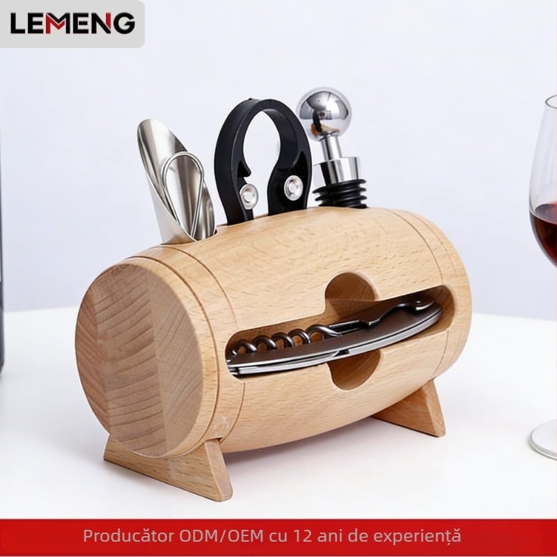 Set de accesorii pentru vin, în formă de butoi, cu deschizător de vin, dop de vin, tăietor de folie și alte accesorii