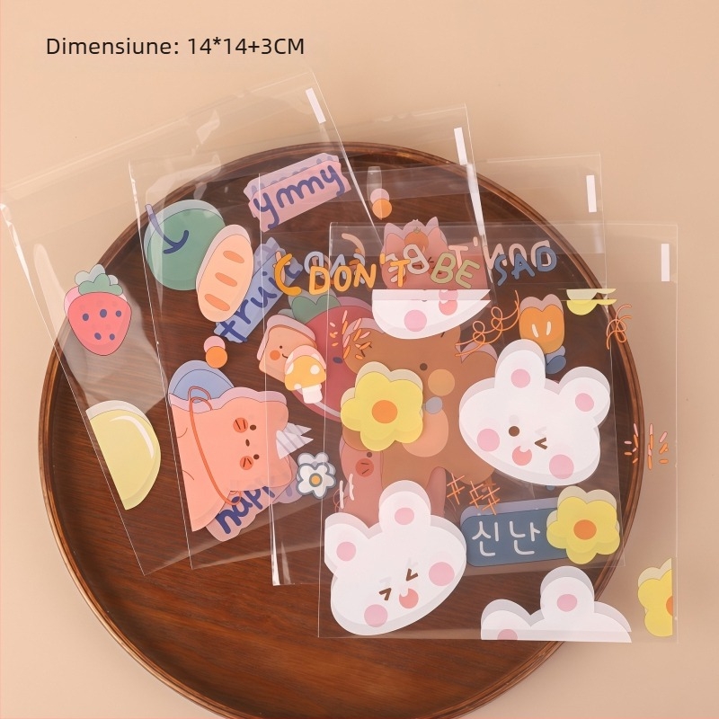 Pungi transparente autoadezive pentru ambalare, mari dimensiuni 14×14+3 cm și 10×10+3 cm, pentru gustări precum chifle cu ananas, prăjituri cu gălbenuș și biscuiți