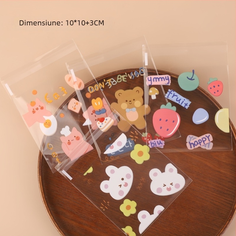 Pungi transparente autoadezive pentru ambalare, mari dimensiuni 14×14+3 cm și 10×10+3 cm, pentru gustări precum chifle cu ananas, prăjituri cu gălbenuș și biscuiți