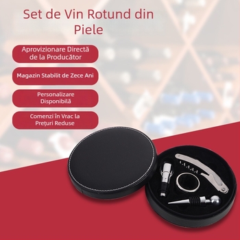 Set de deschidere a vinului într-o cutie rotundă din piele – ansamblu de patru piese pentru vin: deschizător, turnător, dop și inel de vin, într-o cutie cadou circulară