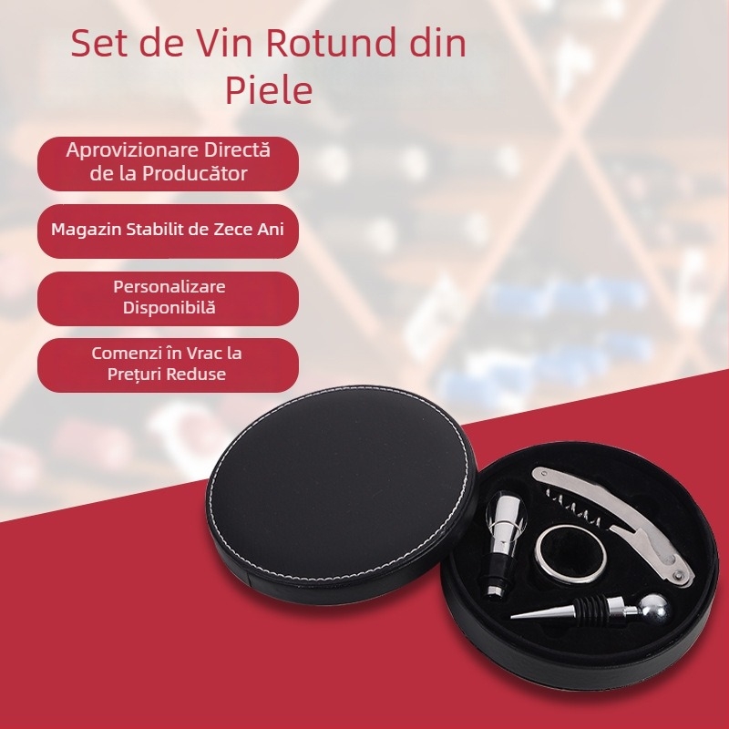 Set de deschidere a vinului într-o cutie rotundă din piele – ansamblu de patru piese pentru vin: deschizător, turnător, dop și inel de vin, într-o cutie cadou circulară