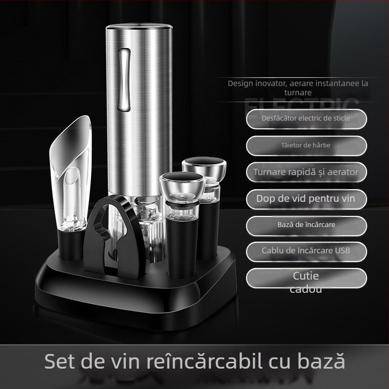Deschizător electric de vin 6 în 1 cu bază, reîncărcabil, complet automat, set cadou