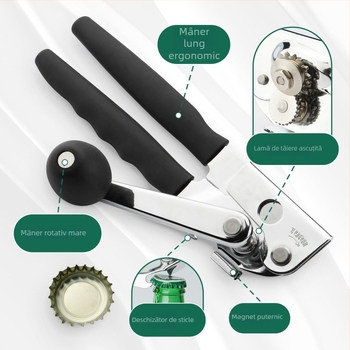 Deschizător de conserve manual 3-în-1 cu deschizător magnetic pentru sticle – unealtă de bucătărie multifuncțională