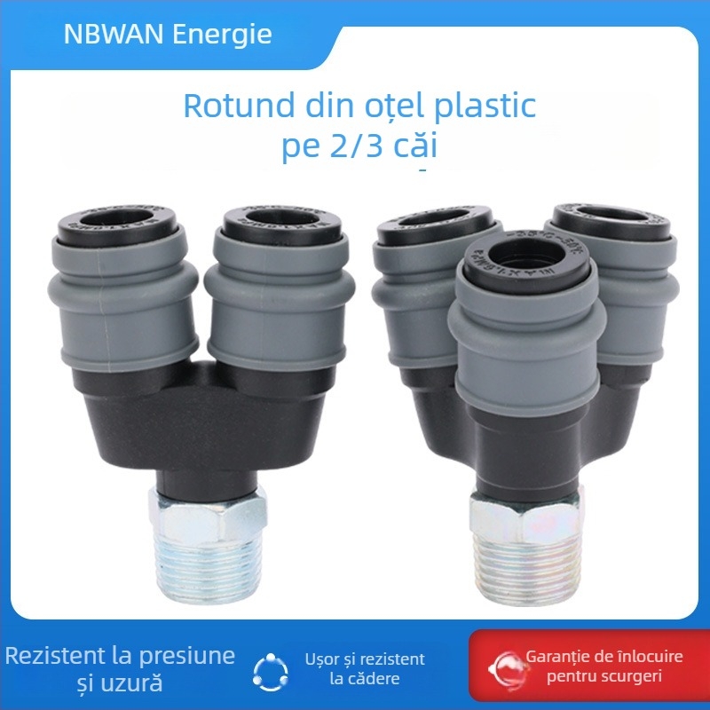 Conectări pneumatice din plastic- oțel cu încuietoare automată, Tee circular și conectori circulare cu două căi pentru pistoale cu aer, furtunuri, pompe și compresoare