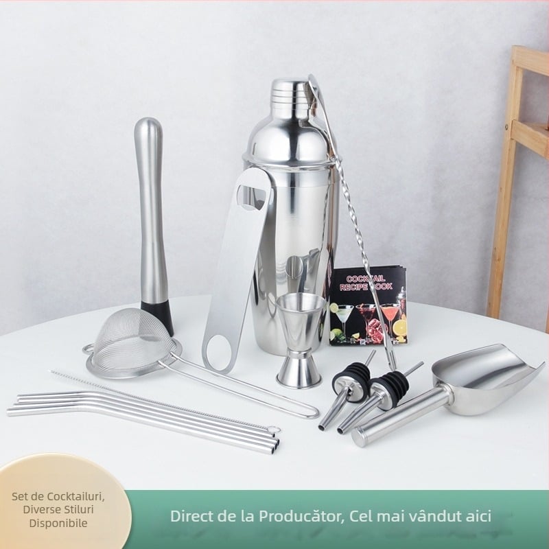 Set nou de cocktail din oțel inoxidabil cu lingură de gheață — include shaker, cană de măsurare în unci și deschizător de sticle
