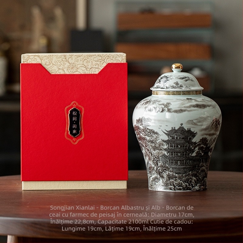 Recipient ceramic pentru ceai în stil antic, albastru-azuriu, mare, în cutie cadou, ambalaj universal pentru ceai