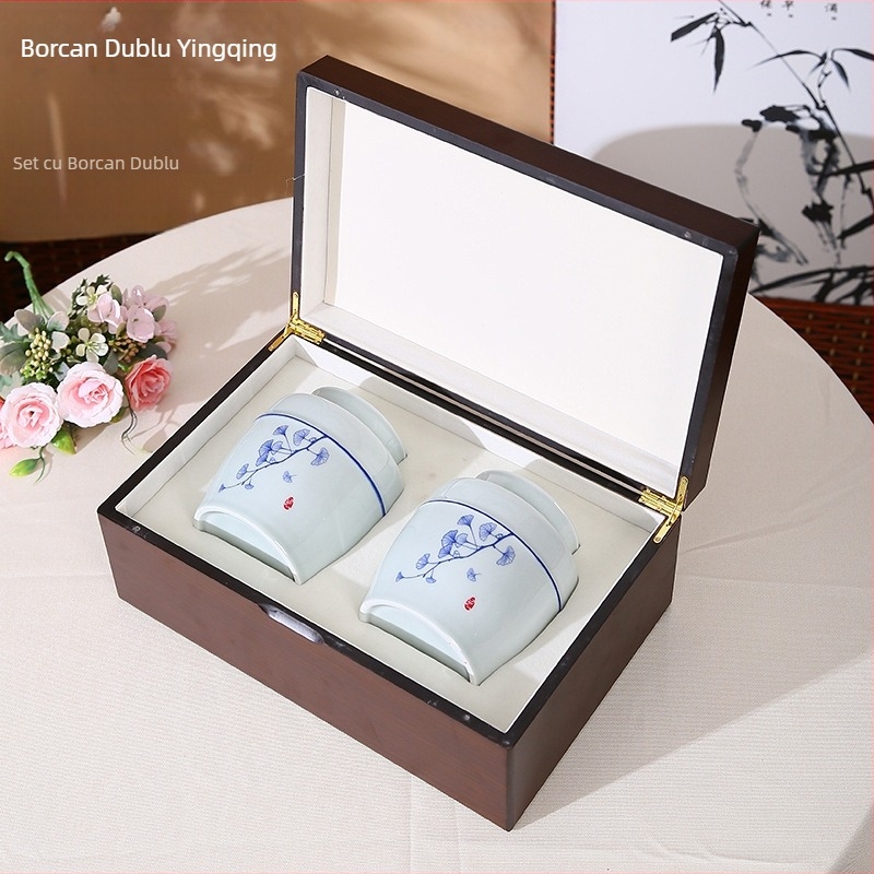 Borcan ceramic sigilat pentru ceai, cu două compartimente, pentru ceai negru, ceai verde și Tieguanyin — ambalaj cadou