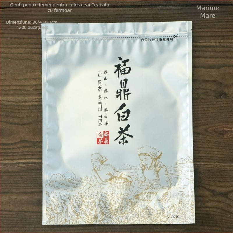 Pungă cu închidere automată pentru ceai alb, din folii de aluminiu groase, cu fermoar, tip stand-up, cu logo imprimat, 250 g sau 500 g