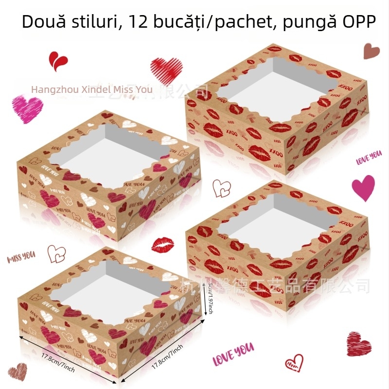HZ041 XOXO Cutie de cadouri pentru bomboane de Ziua Îndrăgostiților, cu fereastră transparentă, carton în culoare piele