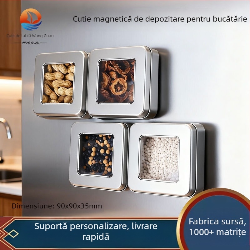 Cutie metalică pătrată cu magnet pentru depozitare în bucătărie – bomboane, ceai, fructe uscate