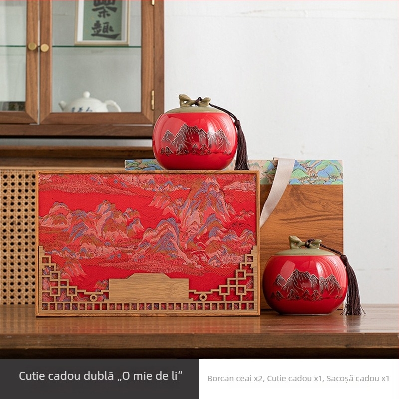 Cutie cadou ceramică goală pentru ceaiuri, cu două borcane – potrivită pentru ceai negru, ceai verde, Longjing și Bi Luo Chun