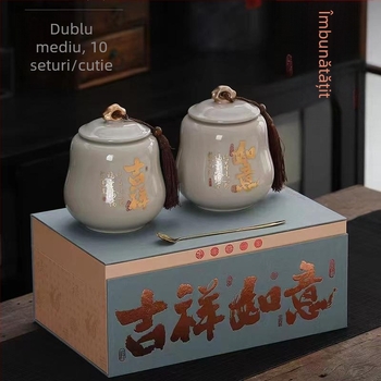 Recipient ceramic sigilat pentru ceai, depozitare frunzelor de ceai, capacitate 250 g, cutie cadou goală, Biluochun