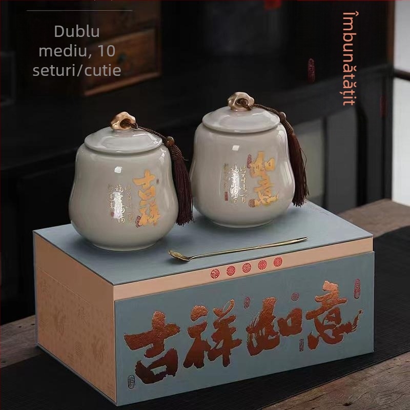 Recipient ceramic sigilat pentru ceai, depozitare frunzelor de ceai, capacitate 250 g, cutie cadou goală, Biluochun