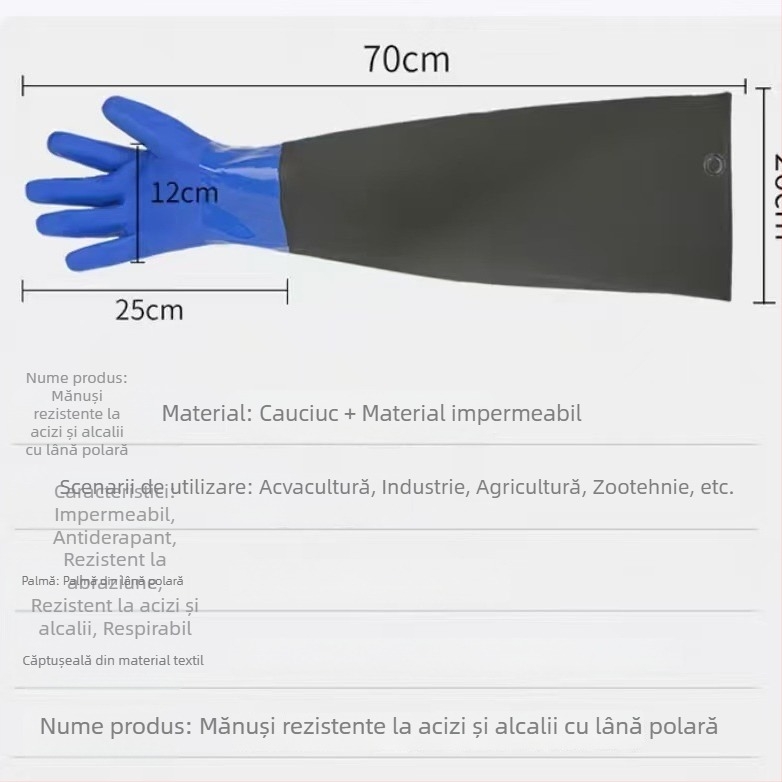 Mănuși industriale de protecție lungi, extinse și îngroșate, rezistente la acizi și la baze, cu strat de cauciuc impermeabil; rezistente la abraziune și coroziune.
