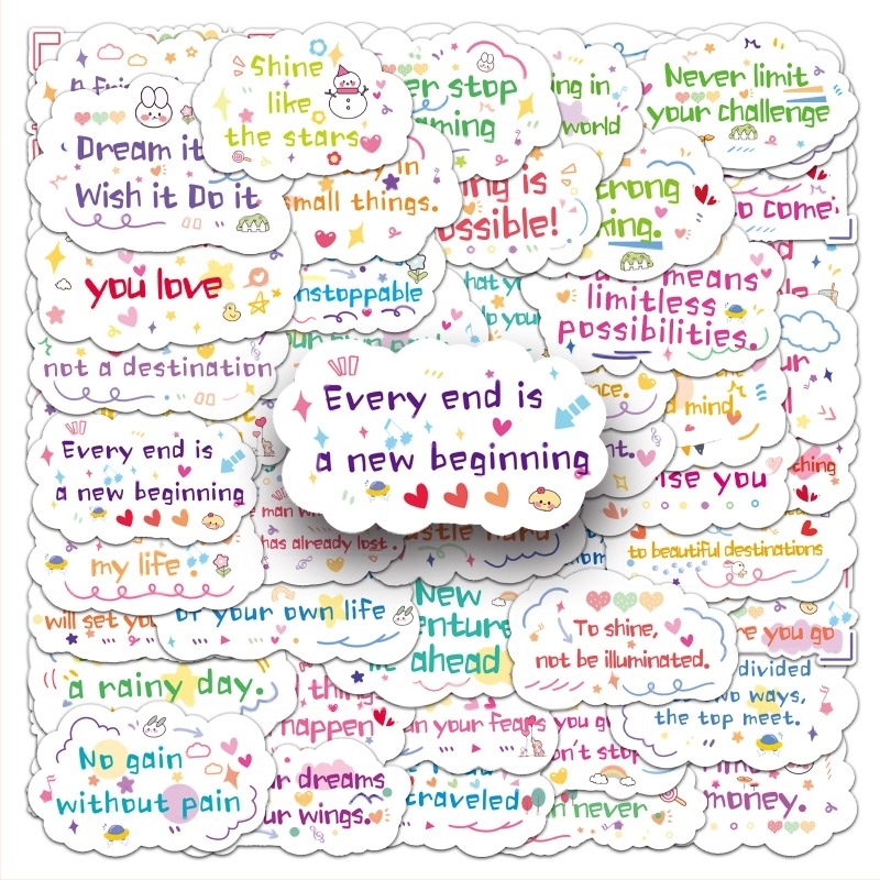 100 afirmații motivaționale în engleză — stickere drăguțe, în stil desen animat, pentru căni, telefoane și agende