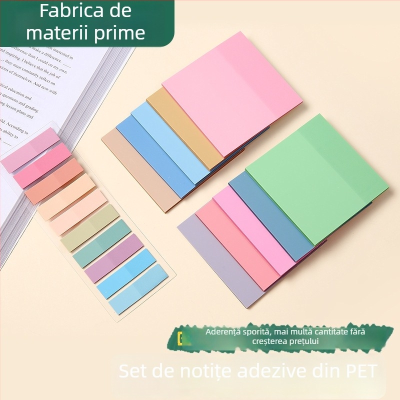 Set personalizat de notițe translucide PET fluorescente, în 10 culori Morandi, cu bloc de notițe și etichete de index, pentru elevi