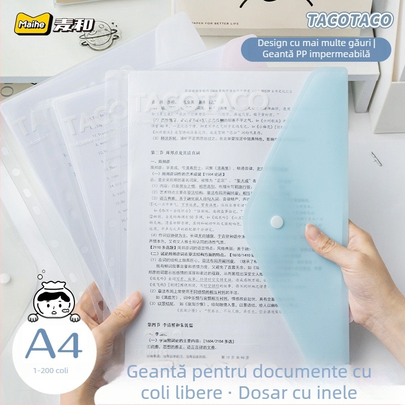 Tacotaco dosar transparent rezistent la apă, cu inserții pentru documente și lucrări de examen