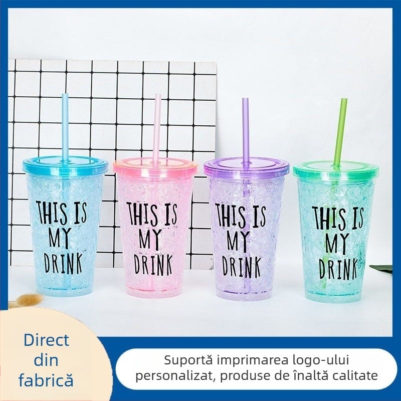 Cană cu gheață zdrobită și pai, stil coreean, pereți dubli izolați pentru apă, pentru femei și studenți