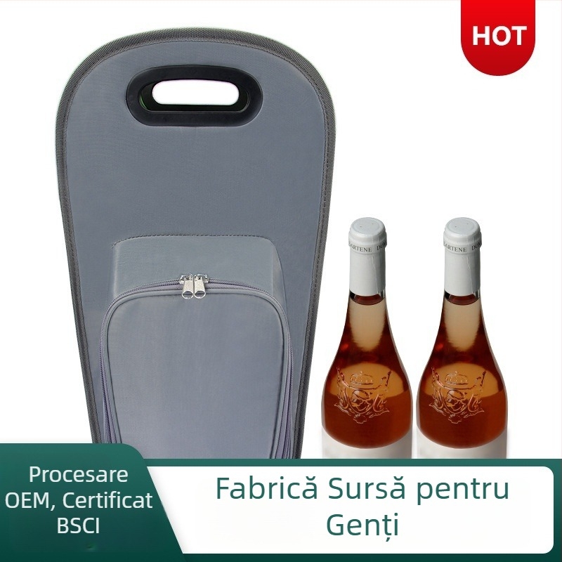 Set din două piese pentru vin, geantă izolată cu comprese frigorifice 3D și spațiu pentru paharul de vin