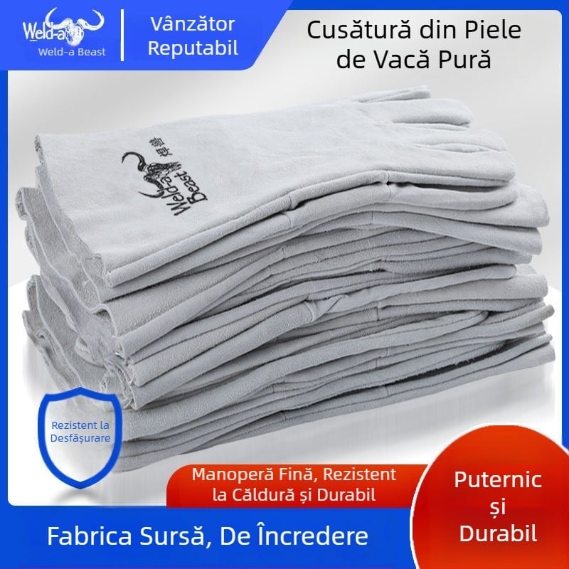 Mănuși de sudură din piele de vită Welding Beast, izolație termică, rezistente la temperaturi înalte, anti-arzuri, groase și rezistente la uzură, protecție împotriva stropilor