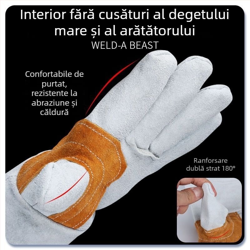 Mănuși de sudură din piele de vită Welding Beast, izolație termică, rezistente la temperaturi înalte, anti-arzuri, groase și rezistente la uzură, protecție împotriva stropilor