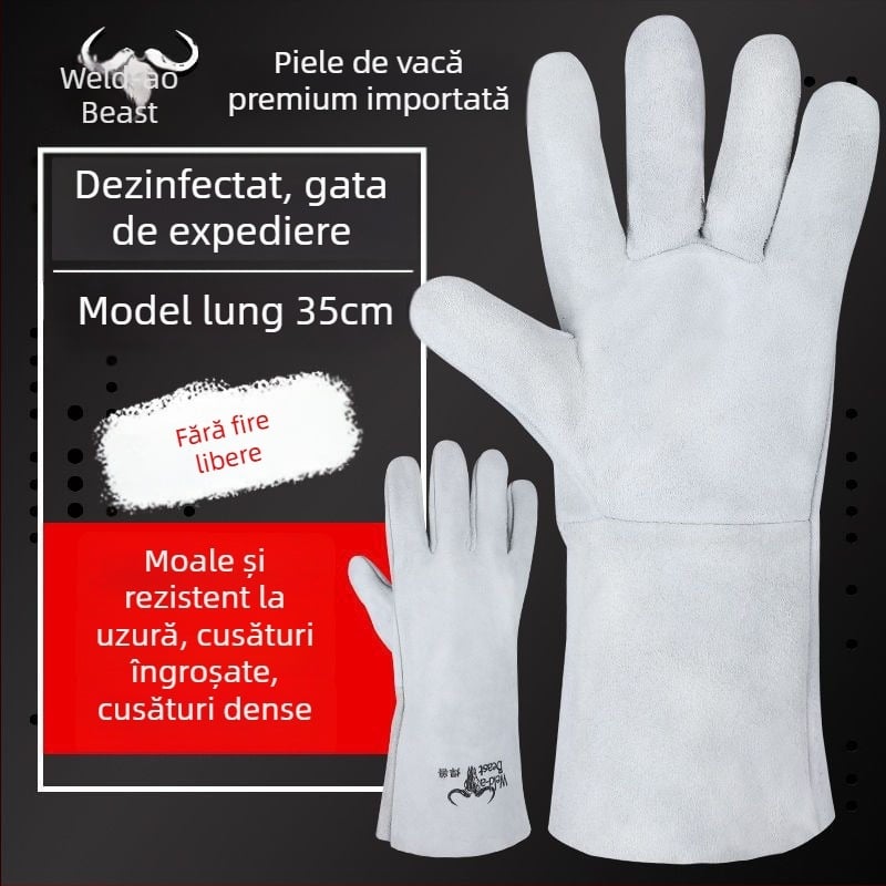 Mănuși de sudură din piele de vită Welding Beast, izolație termică, rezistente la temperaturi înalte, anti-arzuri, groase și rezistente la uzură, protecție împotriva stropilor